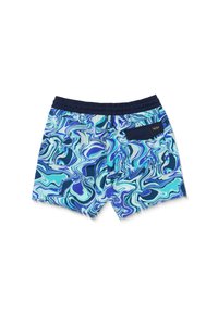 Shorts de bain avec un motif tourbillonnant bleu et vert, une taille élastique et une poche arrière avec un panneau d'accent sombre.
