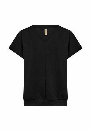 Zwarte V-hals T-shirt gemaakt van zachte stof met korte mouwen en een relaxte pasvorm, met een rechte zoom en een minimalistisch ontwerp.