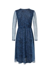 Blaues Blumenkleid mit langen, durchsichtigen Ärmeln und taillierter Passform. Es hat einen runden Halsausschnitt und ein zartes Blumendesign in Dunkelblau.