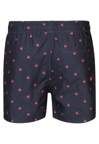 Shorts da nuoto blu navy con un motivo di sole e onde rosa, vita elastica, tasca posteriore e dettagli in occhio per il drenaggio.