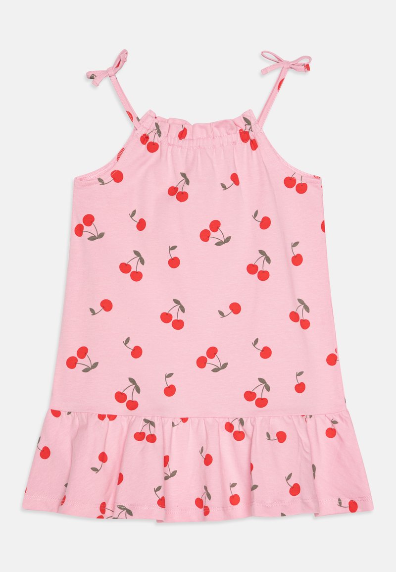 Rožinė be rankovių suknelė su vyšnių raštu, volanų apdaila ir reguliuojamais petnešomis. Minkšta medvilnė, kasdieniškas dizainas.