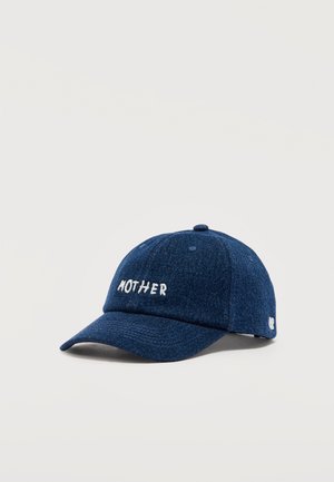 Mørkeblå denim baseballkasket med hvid broderet tekst "MOTHER" på fronten og lille hvidt logo på siden.