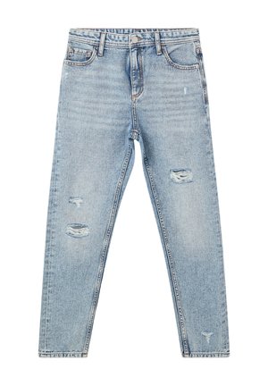 Jasnoniebieskie dżinsy z prostą nogawką, z przetarciami i poszarpanymi dziurami. Klasyczny fason z pięcioma kieszeniami i zapięciem na guzik.