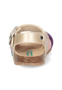 Multikleurige sandaal met een gouden metalen band, kurken zool en suède accenten; heeft een gespsluiting en een open achterkant.