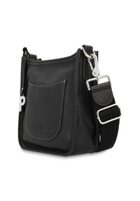 Schwarze Leder-Crossbody-Tasche mit texturiertem Oberflächen, silbernen Beschlägen, verstellbarem Riemen, Fronttasche und Logodetail. Kompaktes Design.