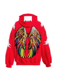 Sudadera con capucha roja con grandes diseños de alas de lentejuelas coloridas en la espalda, con detalles de plumas blancas en las mangas y capucha con cordón.