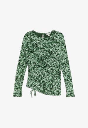 Green long-sleeve top with a textured pattern of varying dark and light green speckles. Features a drawstring at the hem and a round neckline.