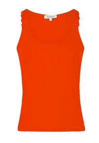 Red tank top made of a soft, smooth fabric. Features lace accents on the shoulder straps and a rounded neckline.