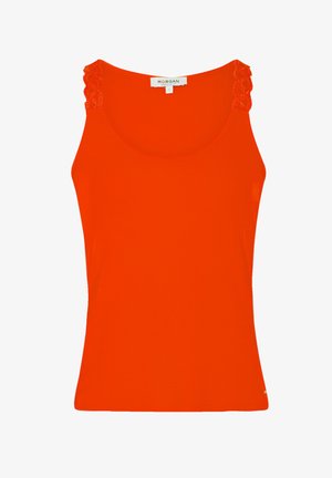 Top rosso senza maniche realizzato in un tessuto morbido e liscio. Presenta dettagli in pizzo sulle bretelle e un collo arrotondato.