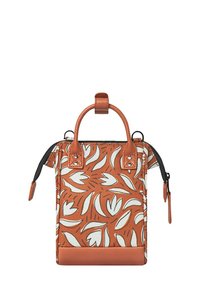 Small rectangular handbag with an orange canvas body featuring white floral patterns, leather accents, and two top handles.