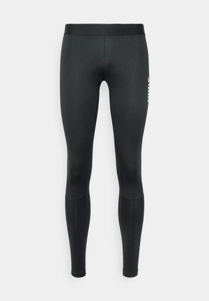 Čierne športové legíny s hladkou textúrou, elastickým pásom a logom na strane. Sú tesné a s dĺžkou po celej nohe.