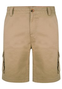 Short cargo beige avec passants pour ceinture, fermeture par bouton, poches avant et poches cargo latérales avec rabats.