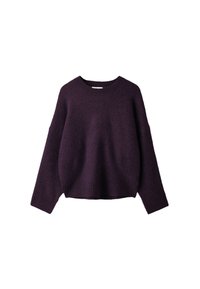 Pull en laine violet foncé à manches longues avec col rond côtelé, poignets et ourlet, présenté sur fond blanc.