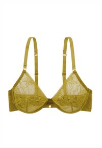 Soutien-gorge en vert olive avec des bonnets en dentelle florale, des bretelles ajustables et un fermoir à crochet. Dos en tissu lisse avec une finition satinée.