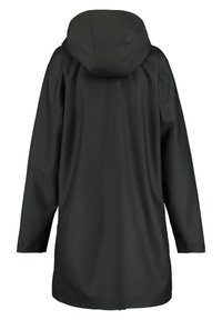 Manteau noir à capuche avec une coupe loose, texture lisse et manches longues. Ne présente aucune fermeture ni ornement visible au dos.