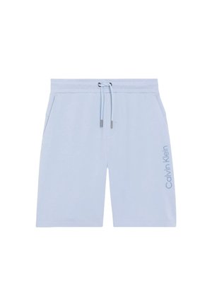 Shorts de mezcla de algodón de color azul claro con cintura elástica, cierre de cordón y bolsillos laterales. Presenta el logo "Calvin Klein" en un color a juego.