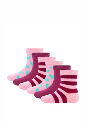 Set aus drei Paar Kindersocken. Enthält die Farben Rosa, Lila und Türkis. Muster: Herzformen und Streifen. Gestrickte Textur.