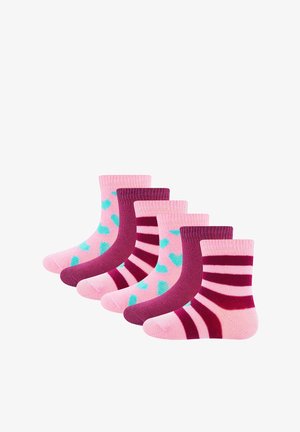 Set of three pairs of children's socks. Features pink, purple, and teal colors. Includes patterns: heart shapes and stripes. Knitted texture.