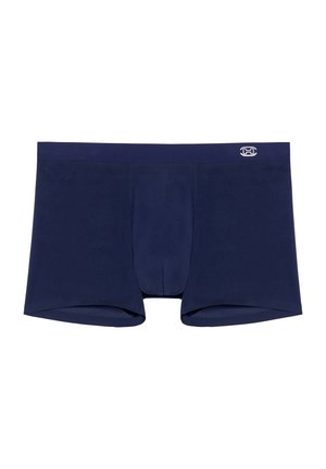 Marineblaue Boxershorts aus dehnbarem Stoff, mit einer konturierten Tasche und einem glatten Bund mit einem Logo-Detail.