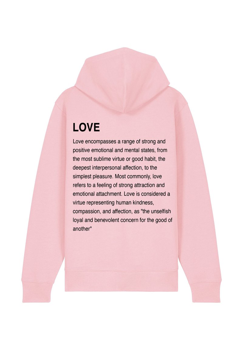 Un hoodie rose avec un grand texte noir "AMOUR" dans le dos, décrivant le concept de l'amour dans un paragraphe détaillé. Texture douce, design décontracté.