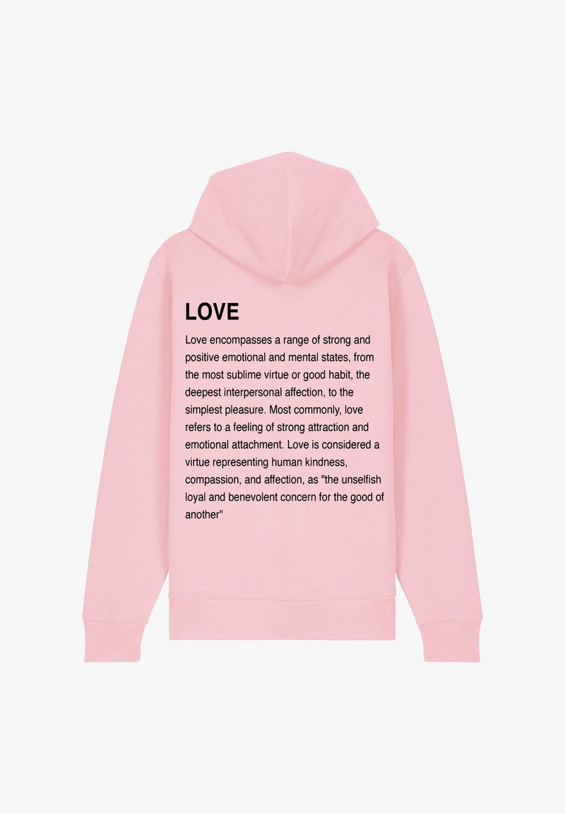 Felpa rosa con una grande scritta nera "LOVE" sulla schiena, che descrive il concetto di amore in un paragrafo dettagliato. Tessuto morbido, design casual.