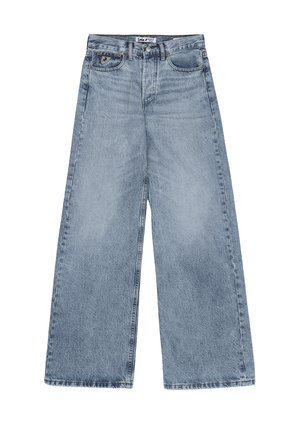 Lichtblauwe denim jeans met wijd uitlopende pijpen, vijf zakken, knoopsluiting en een merkpatch op het kleine voorzakje.