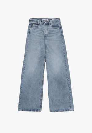 Lyseblå vide denimjeans med fem lommer, knaplukning og mærke på den lille forlommer.