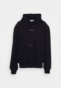 Černá mikina s kapucí z bavlny, s kapucí na stažení, volným střihem a kratším lemem. Na přední střední části je textový detail.