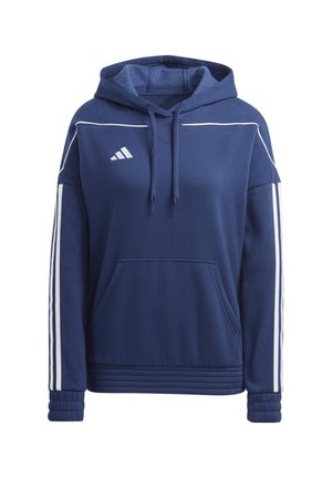 Marineblauwe hoodiesweater met witte strepen langs de mouwen, voorzak en geribde boorden en zoom. Gemaakt van een zachte stof met een relaxte pasvorm.