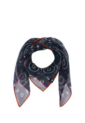 Navy blue scarf with white paisley patterns and red edges, folded in a loop with a small black brand tag visible.