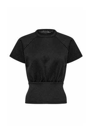 Haut noir cintré à manches courtes avec taille froncée et encolure ronde, avec manches raglan et texture de tissu lisse.