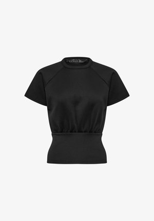 Haut noir cintré à manches courtes avec taille froncée et encolure ronde, avec manches raglan et texture de tissu lisse.