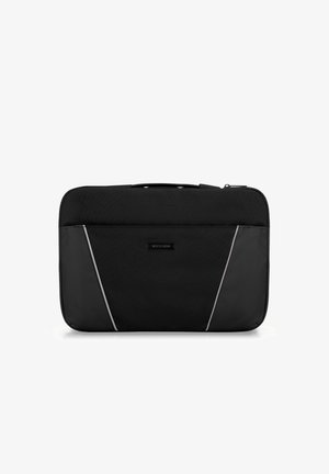 Borsa per laptop nera realizzata in tessuto resistente, forma rettangolare, dotata di una tasca frontale e dettagli riflettenti lungo i lati.