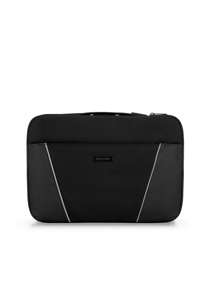Schwarze Laptoptasche aus robustem Gewebe, rechteckige Form, mit einer Vordertasche und reflektierenden Akzenten entlang der Seiten.