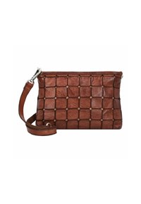 Clutch in pelle marrone con design intrecciato, caratterizzato da sezioni rettangolari e dettagli a pois. Include una tracolla rimovibile.