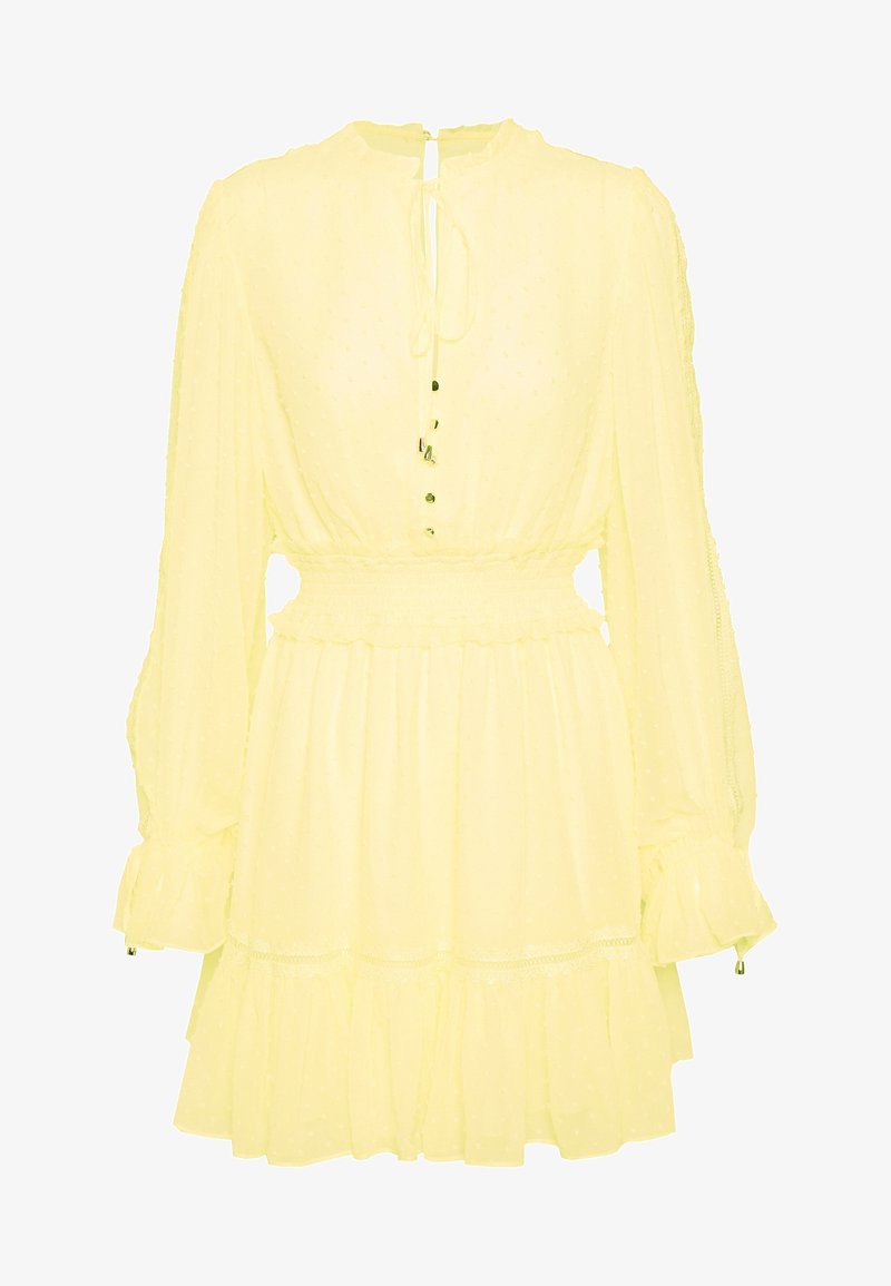 Robe jaune clair à manches longues avec taille cintrée, poignets volantés, boutons sur le devant et jupe à volants.