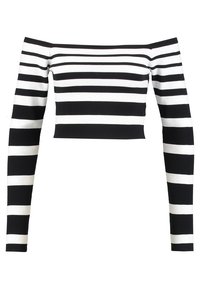 Schwarz-weißer gestreifter Off-Shoulder-Crop-Top mit langen Ärmeln, aus geripptem Material gefertigt. Mit horizontalen Streifen und einer taillierten Passform.