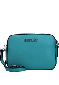 Tyrkysová obdélníková kabelka přes rameno s nastavitelným popruhem a stříbrným logem "REPLAY" na přední straně.