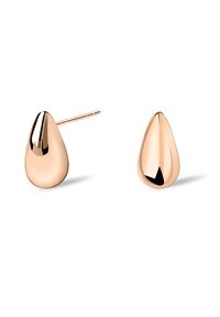 Roséguldshängande örhängen i tårform med en polerad, reflekterande yta, som har en rak stift för säker användning.