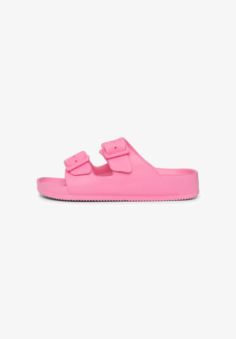 Sandalo rosa in gomma con due cinturini regolabili, suola piatta e fondo testurizzato per una migliore aderenza. Superficie liscia con bordi arrotondati.