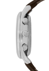 Orologio in acciaio inox con finitura lucida, due pulsanti, una corona e un cinturino in pelle marrone. Presenta un case elegante e arrotondato.
