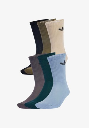 Ensemble de six chaussettes côtelées de couleurs variées : noir, olive, beige, gris foncé, teal et bleu clair. Chaque chaussette arbore un logo près de la jarretière.