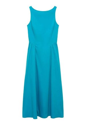 Mouwloze, vloerlange jurk in helder turquoise. Glad fabric met een aangesloten lijfje en een uitlopende rok. Eenvoudig, elegant ontwerp.