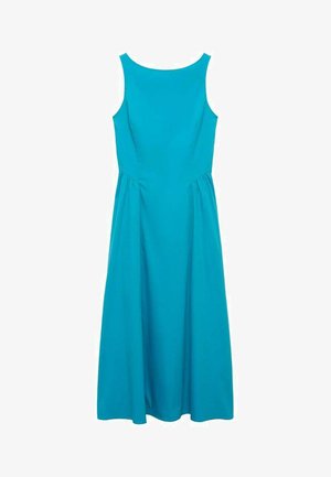 Ærmeløs, gulvlængde kjole i lys turkis. Glat stof med en tætsiddende overdel og udvidet nederdel. Enkel, elegant design.