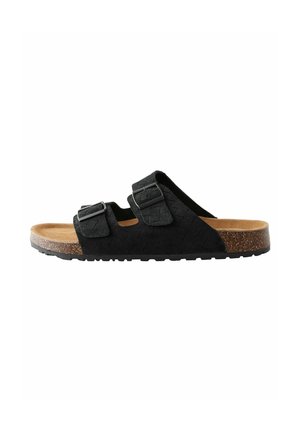 Sort slidesandal med struktureret overdel, to justerbare stropper, korkfodbund og gummisål. Har et fladt design og en afslappet stil.