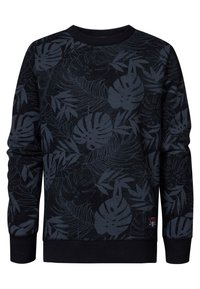 Tmavě modrá mikina s dlouhými rukávy, zdobená texturovaným vzorem listů po celém povrchu. Ribbed manžety a lem s malou nášivkou na boku.