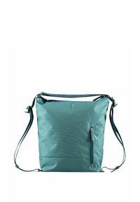 Borsa a spalla in tessuto verde con forma rettangolare, tracolla regolabile e tasca frontale con zip. Texture liscia con una leggera lucentezza.