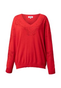 Jersey rojo de punto con escote en V, adornado con cuentas decorativas alrededor del cuello y en las mangas. Puños y bajo acanalados.