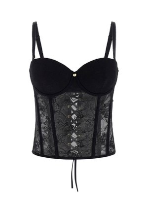Czarny gorset z koronki z miseczkami na fiszbinach, regulowanymi ramiączkami, zapięciem na haftki z przodu oraz kokardą w talii.