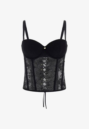 Czarny gorset z koronki z miseczkami na fiszbinach, regulowanymi ramiączkami, zapięciem na haftki z przodu oraz kokardą w talii.
